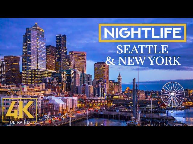 Night Skylines of Seattle & New York - 4K Night City Life Video with Relaxing Jazz Music - 10 HOURS