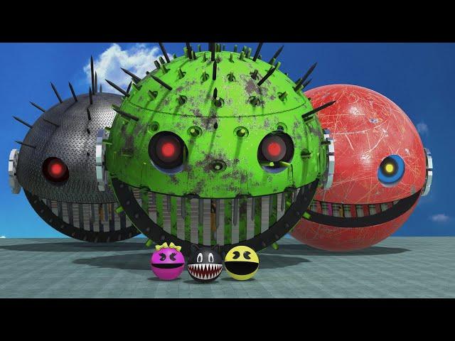 ROBOT PACMAN & MS-PACMAN VS OMICRON & SPIKY MONSTER & CARTOON CAT !!