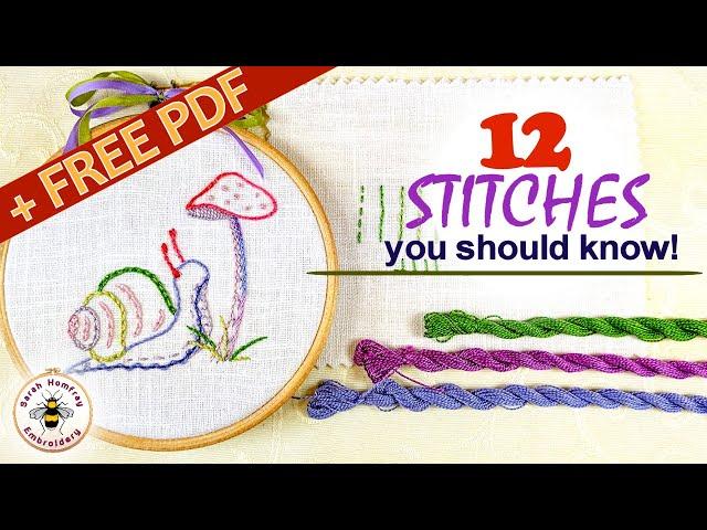 12 hand embroidery stitches all beginners should know. Free design to practice on!