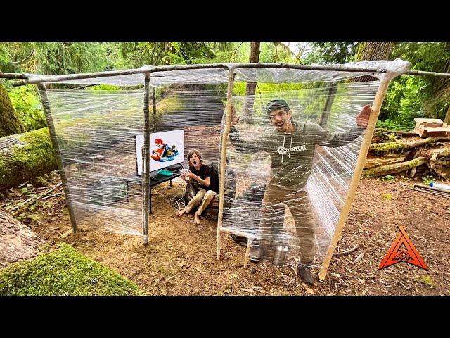 24 HR PLASTIC WRAP GAMING FORT IN THE WOODS | Father Son Survival Bushcraft Build