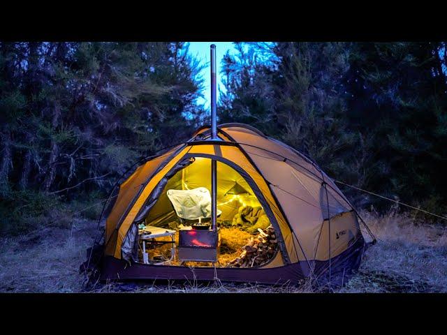 Cozy Hot Tent Camping On Freezing Winter Night