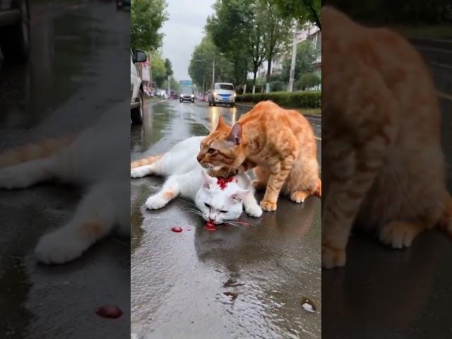 A stray cat was seriously injured in a car accident and was lying on the road. Its companion was a