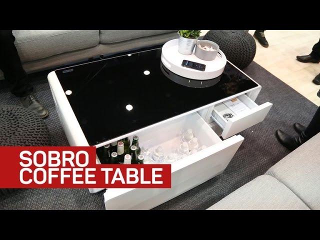 Fridge, charger, and speakers combine to form the Sobro coffee table