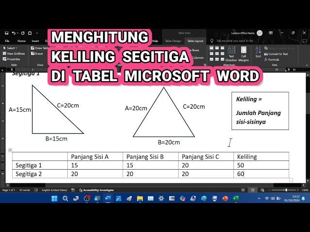 Cara Menghitung Keliling Bangun Datar Segitiga di Tabel Microsoft Word Menggunakan Rumus