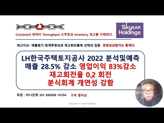 [TOC실전분석]  LH한국주택토지공사 2022 분석및예측  매출 28.5% 감소 영업이익 83%감소   재고회전율 0.2 회전     분식회계 개연성 강함