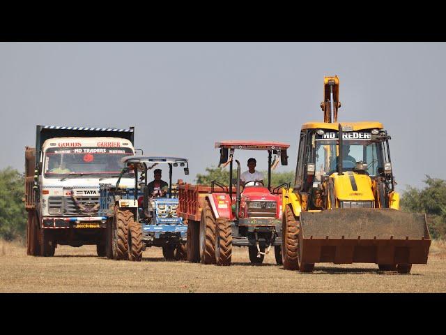 JCB 3dx Eco Loading Mud Swaraj 744 Tractor and Mahindra 605 Di with Tata 2518 Truck