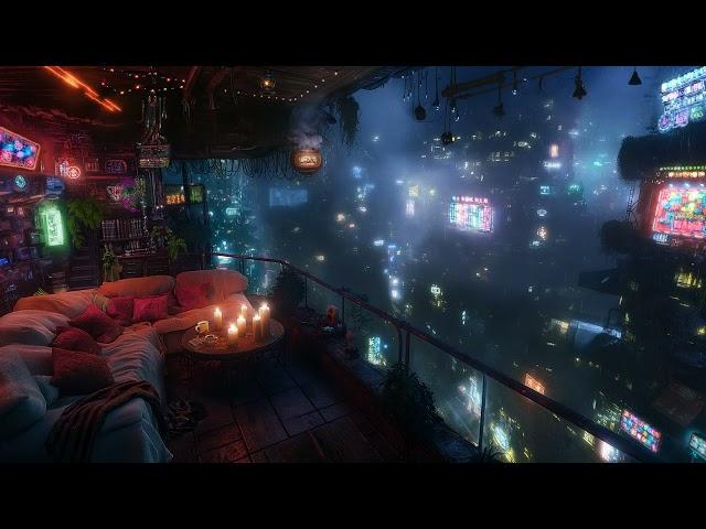  Cozy Cyberpunk Loft: Rain and Ambient Music | Cyberpunk Bedroom above the City | 4K | 10 hours