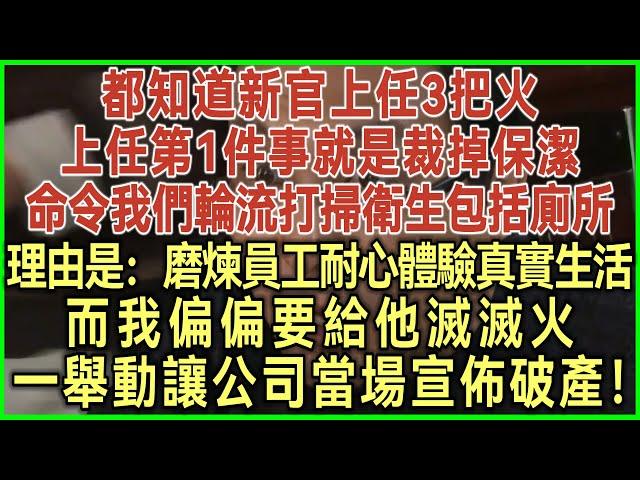 都知道新官上任3把火！上任第1件事就是裁掉保潔！命令我們輪流打掃衛生包括廁所！理由是：磨煉員工耐心體驗真實生活！而我偏偏要給他滅滅火！一舉動讓公司當場宣佈破產！