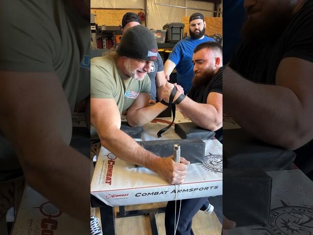 Greg Gray shows Tom Stubblebine a move to defend a press in #armwrestling #training