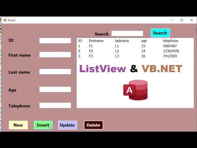 VB.NET tutorial:  insert update delete and  search in listview  with MS Access database