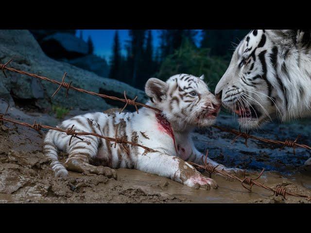 A mother white tiger begs a hunter to save her badly injured cub trapped in a barbed wire fence.