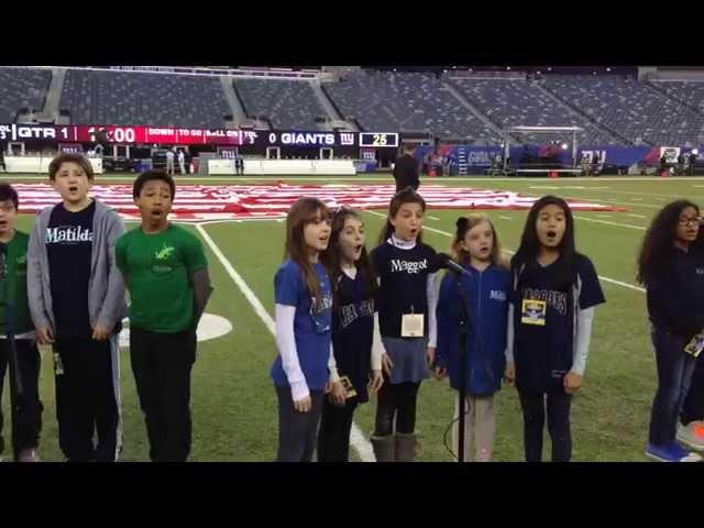 The Cast of Matilda the Musical sing the National Anthem at a Giants Game