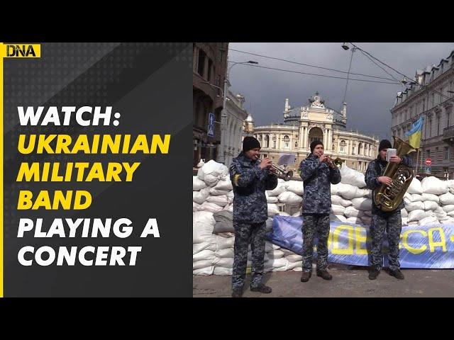 Ukrainian military band plays concert by outside Odessa theatre