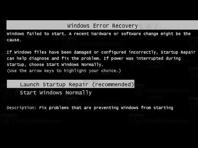 Windows Error Recovery, Launch Startup Repair (Recommended), Start windows normally | Acer Aspire