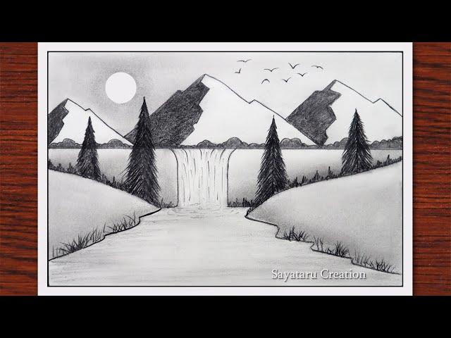 How to Draw Waterfall Scenery with Pencil step by step