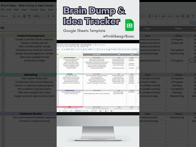 Brain Dump & Idea Tracker - Google Sheets Spreadsheet ‍ ... #spreadsheet #productivity #planner