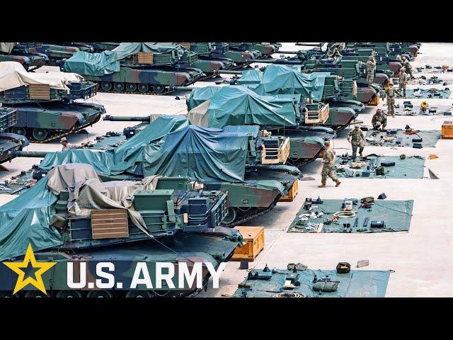 US Army M1A2 Abrams tanks and armored vehicles in the Republic of Korea.