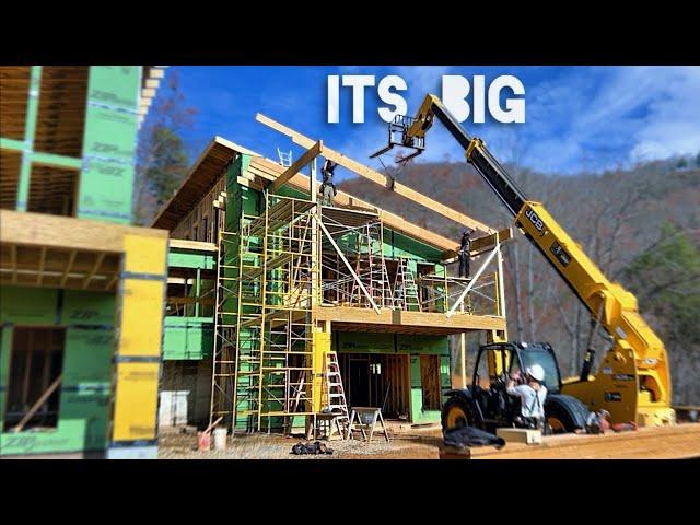 Construction of a MEGA sized Modern Home PT 59 | Mega Porch Roof Framing