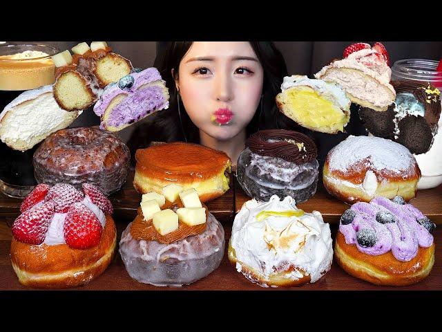 CHEWY AND SWEET DESSERT  CREAMY DONUTS ASMR CHOCOLATE CUSTARD BREAD MUKBANG NO TALKING