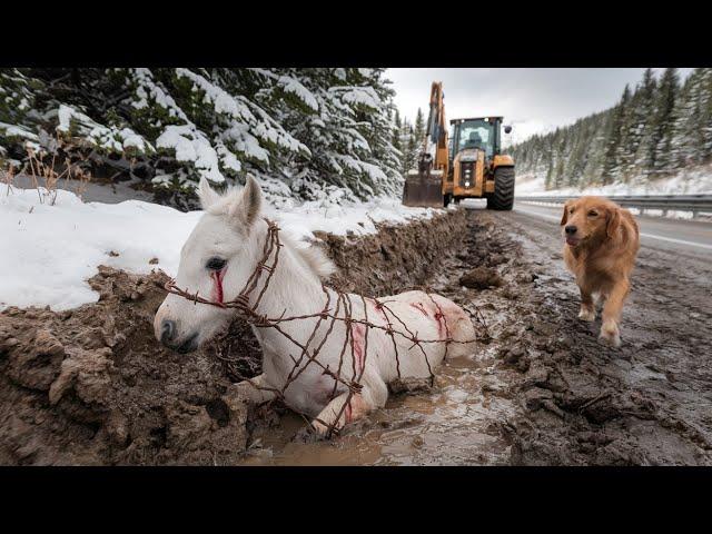 A Shiba Inu begged an old man to save a horse trapped in the mud, showing true compassion.