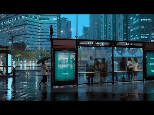 4K SEOUL RAIN WALK - Around Yongsan Station and BTS HYBE Building And a rainy night. Ambience sound