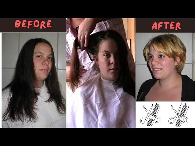 Lady long brown hair cut short and dyed blond #haircutforlonghair #ladieshaircut #haircut #hairstyle