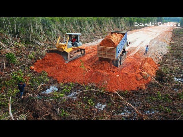 Part 7 Excellent Bulldozer Continuing The Job Construction Plantation Road - Dump Truck Pouring Soil