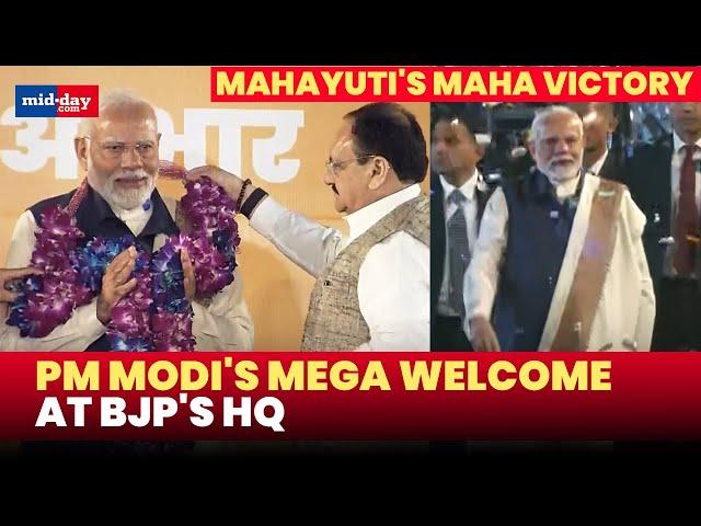 Maharashtra's victory: PM Modi gets grand welcome at BJP headquarters