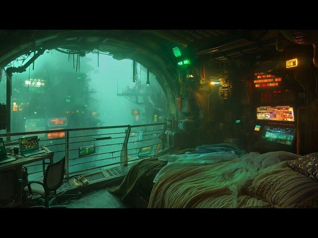  Cozy Balcony: Rain and Dark Ambient Music | Cyberpunk Bedroom over the City | 4K | 10 hours