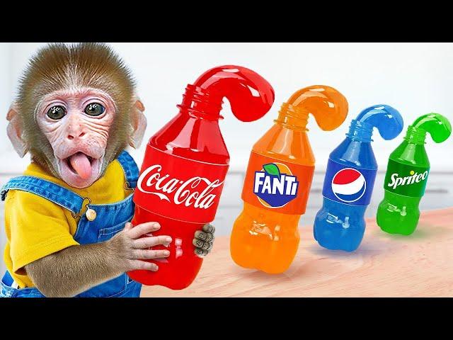 Monkey BuBu Makes Rainbow Jelly Bottle and Goes shopping Food at the Supermarket - MONO BUBU ESP