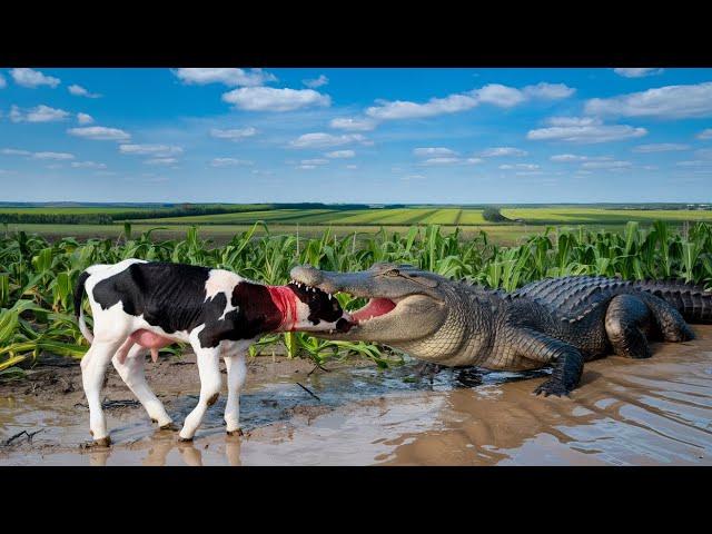 An old woman’s calf in America, trapped in barbed wire, tragically killed by a crocodile