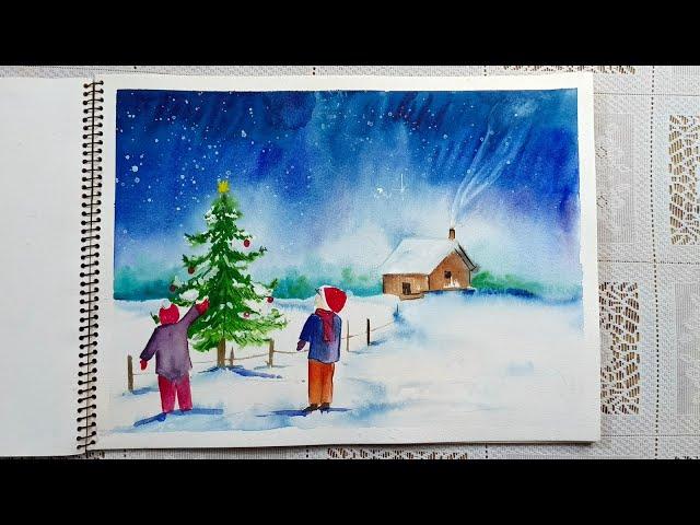 Easy Watercolor Winter Landscape Scenery Painting Tutorial Step by Step  for Beginners / Full Video