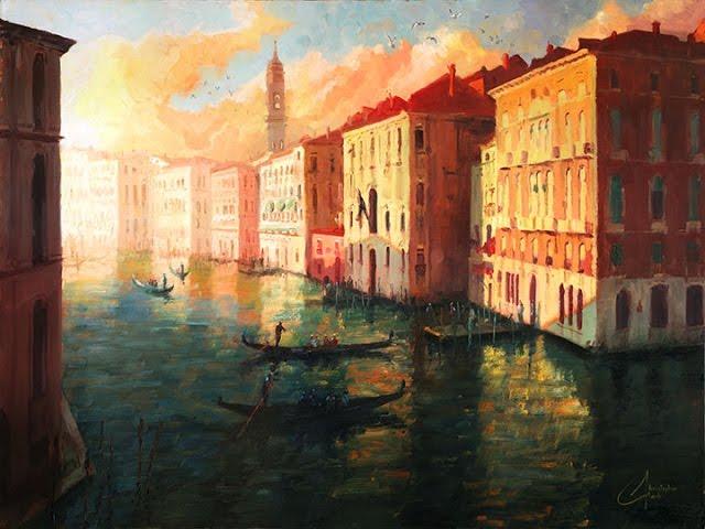 Grand Canal at Sunset - original oil Venice Italy painting by Christopher Clark, fine art