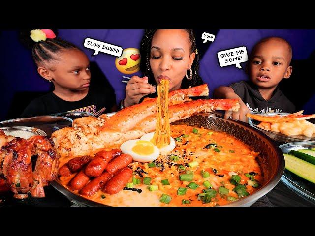 CHEESY 2X SPICY KING CRAB & BULDAK CARBONARA SPICY NOODLES MUKBANG | QUEEN BEAST with BABY ELIJAH