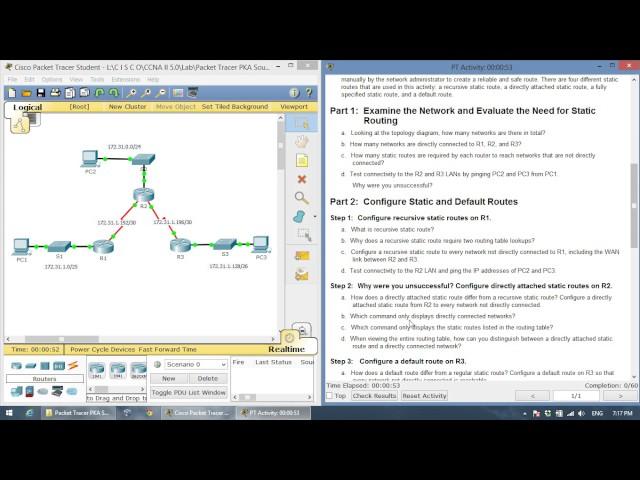 CCNA2 6.2.2.4 Packet Tracer Configuring IPv4 Static and Default Routes