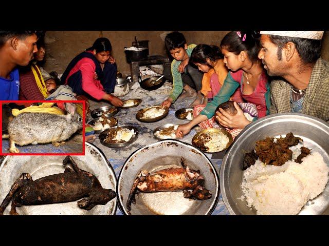 Rabbit curry  by Dharme's daughter with rice || a village family enjoying Rabbit meat curry rice ||