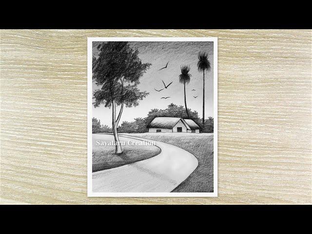 Village Landscape Drawing with Pencil, Nature Scenery drawing for beginners