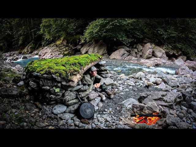 BUILDING a complete STONE survival SHELTER! | Bushcraft & Fishing