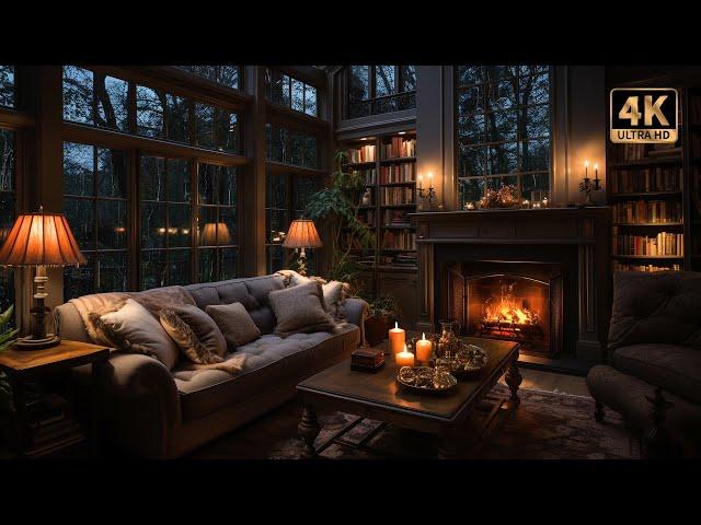 Cozy Living Room with Thunderstorm & Crackling Fireplace Ambience | 4K ️️