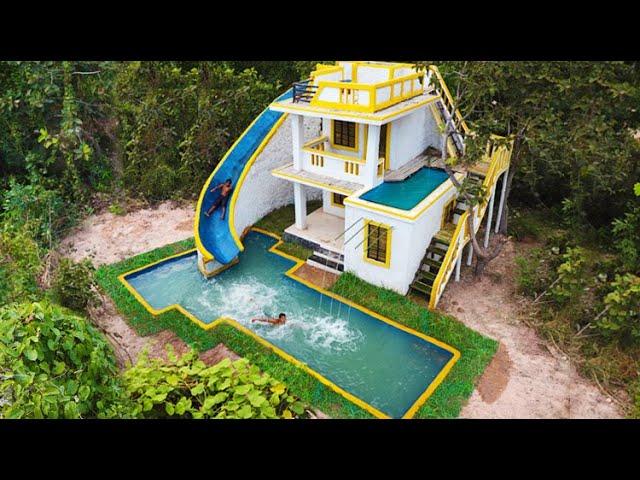 Build The Most Creatively 2-Story Villa House And Modern Water Slide To Swimming Pool In Deep Jungle