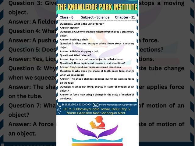 Force and Pressure | Practice test series | Science | The Knowledge Park Institute #shorts