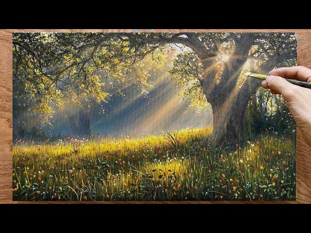 How to draw a landscape painting with sun rays - Wildflower scene in the forest / A Lu Art.