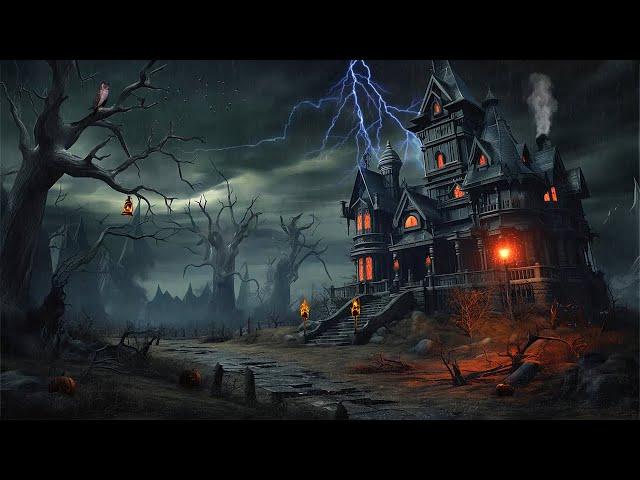 Haunted House Halloween Ambience - Thunderstorm with Lightnings, Spooky Sounds and White Noise