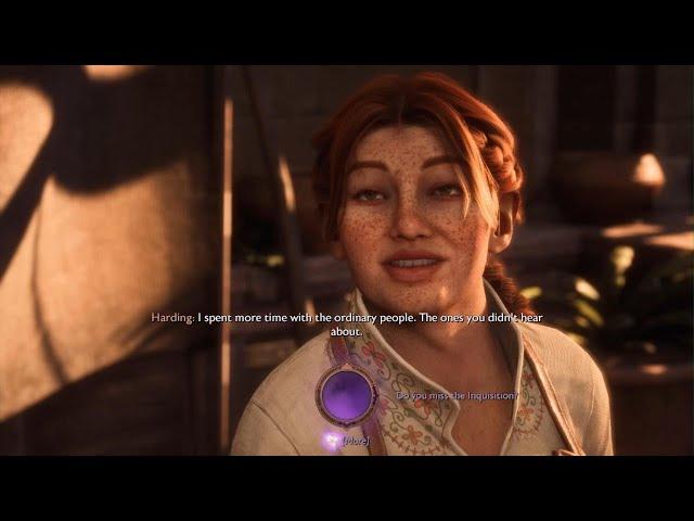 Dragon Age: The Veilguard Elf Warden talks with Harding about Inquisition