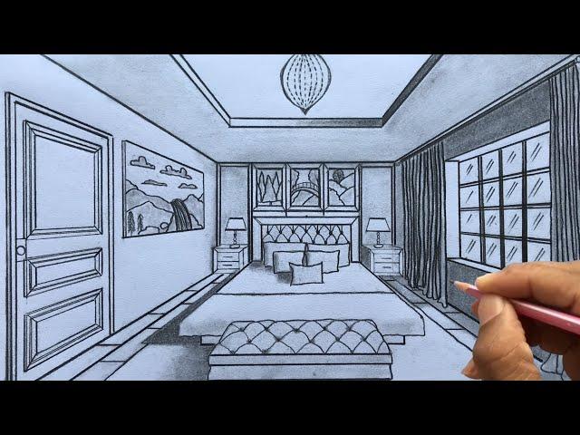 How to Draw a Bedroom using 1-Point Perspective Step-by-step