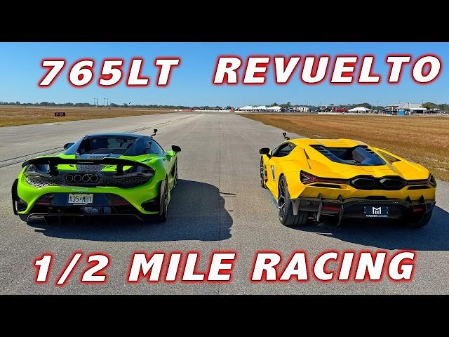 1,015 HP Lamborghini Revuelto vs McLaren 765LT Spider 1/2 Mile Drag and Roll Races