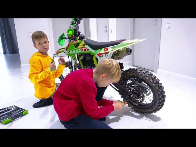 The brothers rolled the motorcycle into the house. Dad punished the brothers.