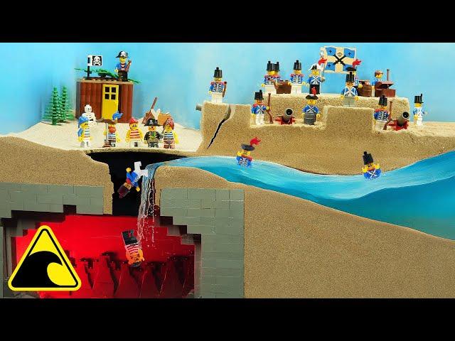 Lego Pirates Fall into Underground Cave - Tsunami Dam Breach Experiment - Pirates vs Soldiers