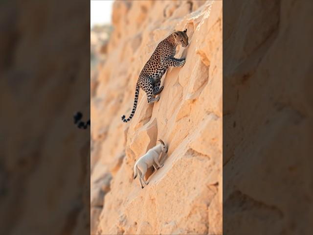 Leopard vs Goat: Climbing Showdown on Rugged Rocks! #shorts