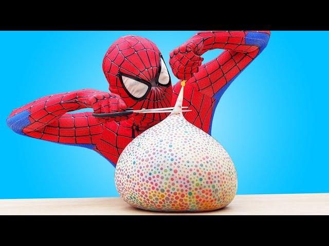 Spider Man Popping Orbeez Balloons!